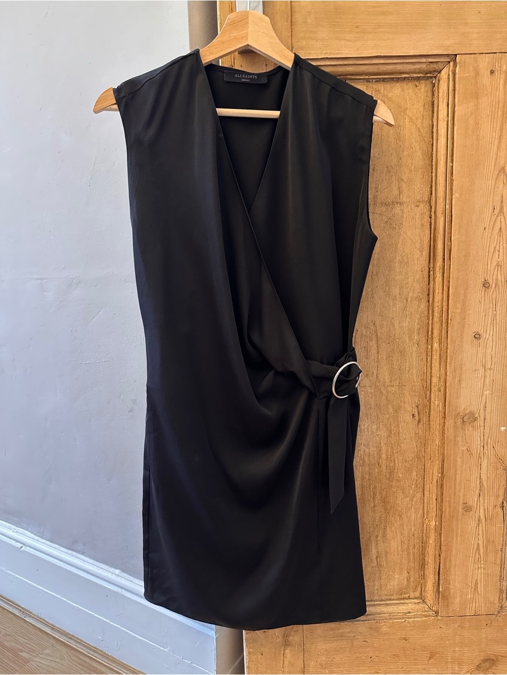 All Saints Black Sleeveless Wrap Mini Dress with Silver Ring